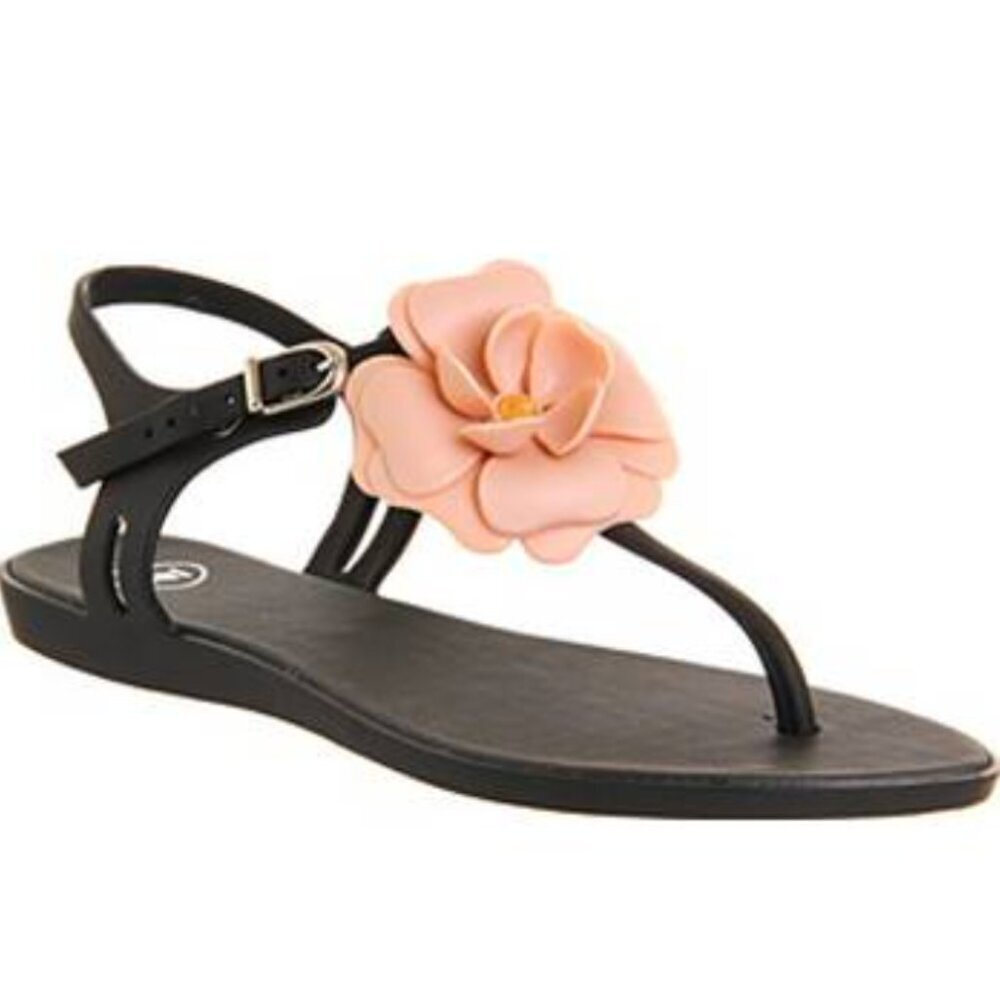 Mel by Melissa Black Jelly Sandals with Big Pink Flower Buckle Straps Size 8